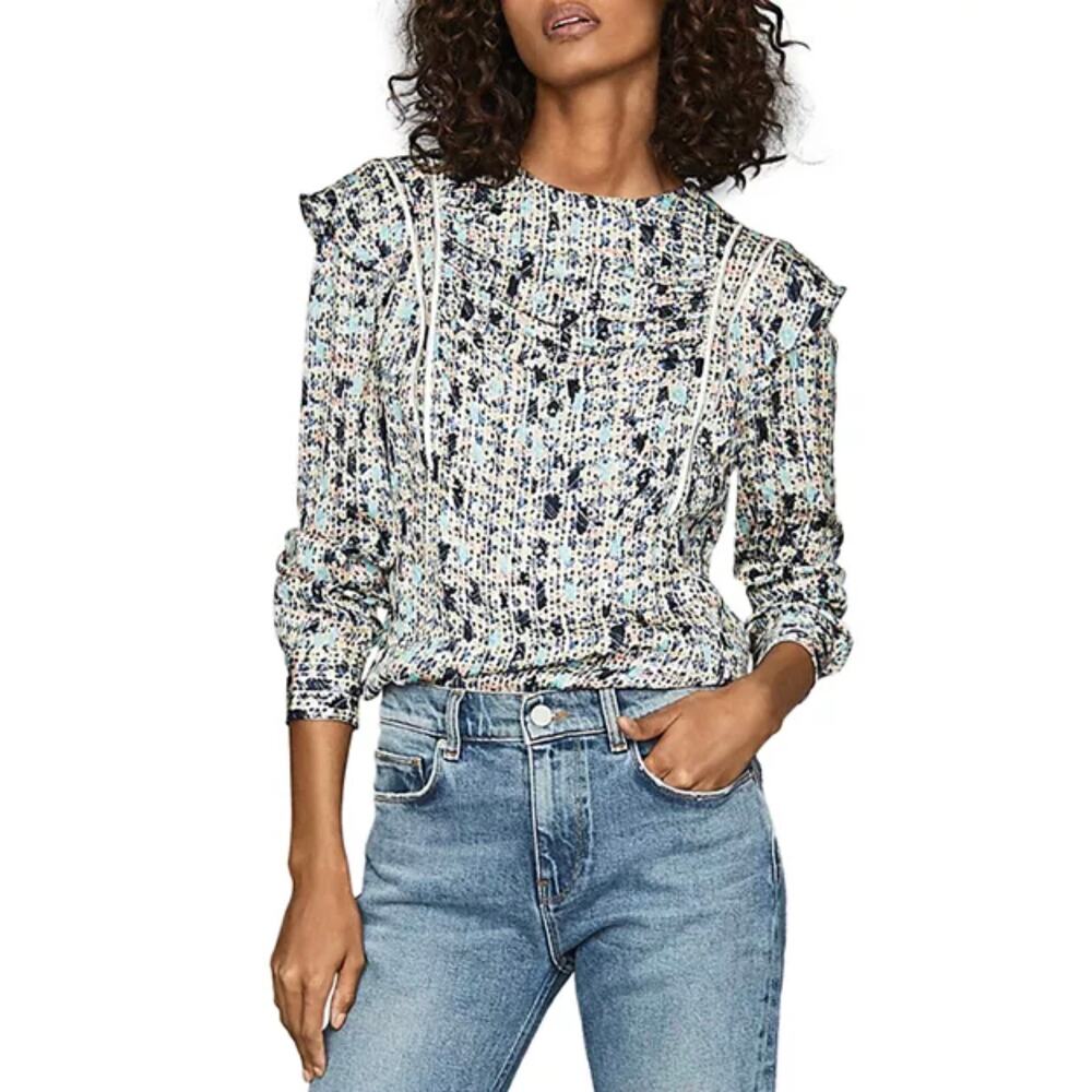 Reiss Cream Olivia Ditsy Print Ruffle Long Sleeve Peasant Blouse Top Size 10